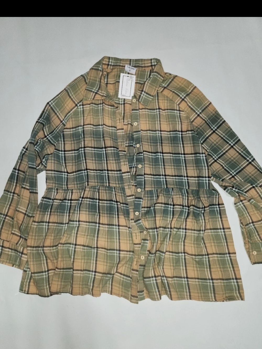 Like Love Olive & Tan Plaid Button-Down Peplum Shirt